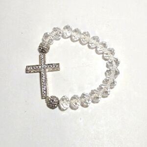 Crystal Stretch Bracelet Silvertone Rhinestone Cross Heart Detail Sparkle Shine